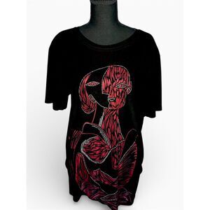 Womens Black Pablo Picasso Artwork Blouse Sz S Artsy Tunic Abstract Shimmer Bold